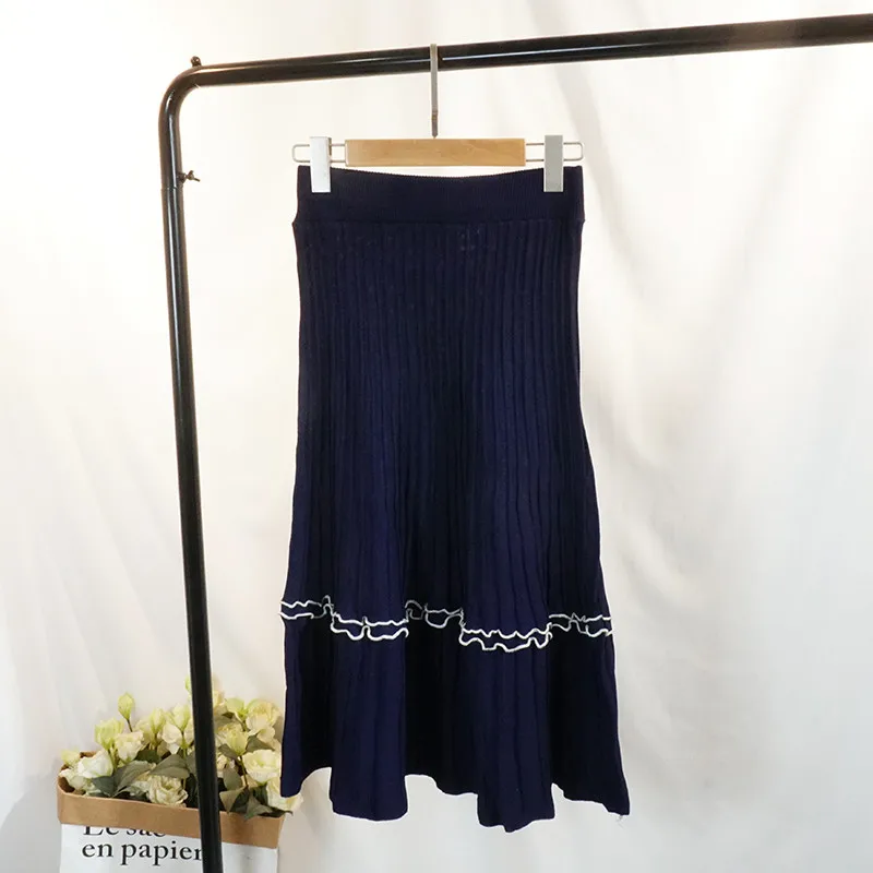 Новая женская трикотажная юбка осень зима эластичные трикотажные юбки с высокой талией трапециевидная Женская плиссированная юбка длинная юбка миди AB1063 - Цвет: sapphire