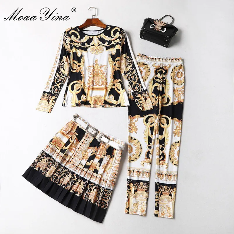 

MoaaYina Fashion Designer Runway Set Spring Women Long sleeve Print Belt Half skirt Retro Slim T-shirt+Pencil pants 3 sets