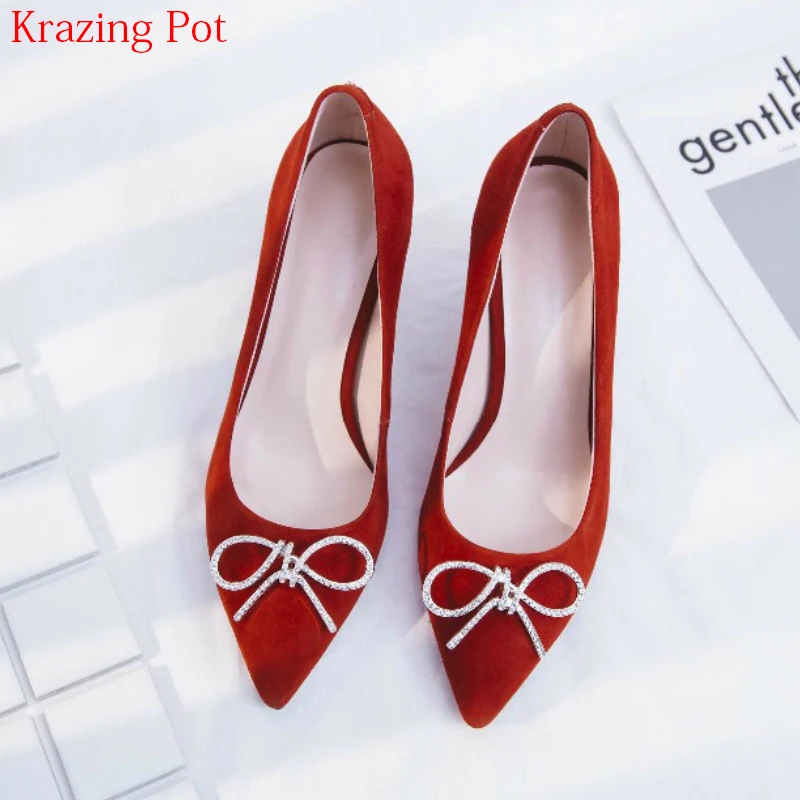 

2018 Fashion Sheep Suede Mature Slip on Women Pumps Pointed Toe Stiletto Thin High Heels Bowtie Summer Brand Wedding Shoes L6f2