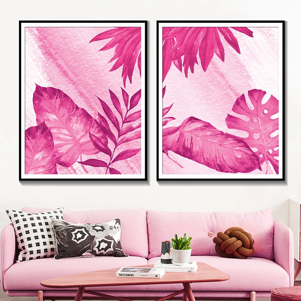 

Nordic Pink Botanical Wall Art Decoration Posters And Prints Watercolor Tropical Plants Living Room Canvas Painting