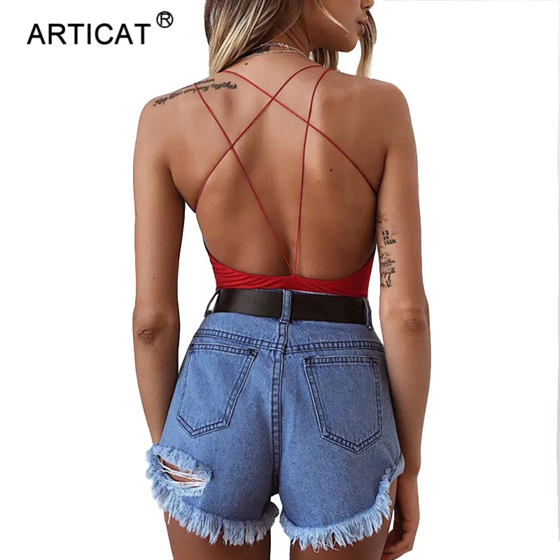 

Articat Strappy Backless Sexy Party Bodysuit Women Skinny Cross Bandage Summer Bodysuits Casual Beach Rompers Women Jumpsuit