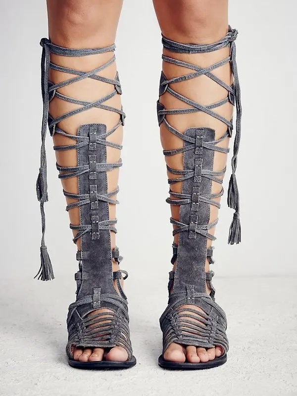 Big Size Suede Lace Up Knee High Women Gladiator Sandals Rome Retro Style Cross Tied Flat Cage