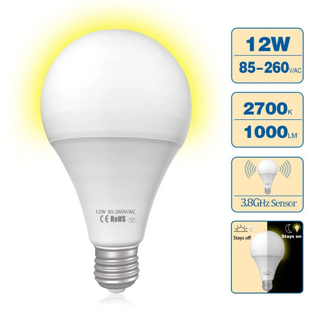 

12W Radar Motion Sensor Light Bulb G95 Type LED Motion Sensor Warm White 2700K Outdoor Bulb Auto On/Off 100v 110v 220v E26 E27