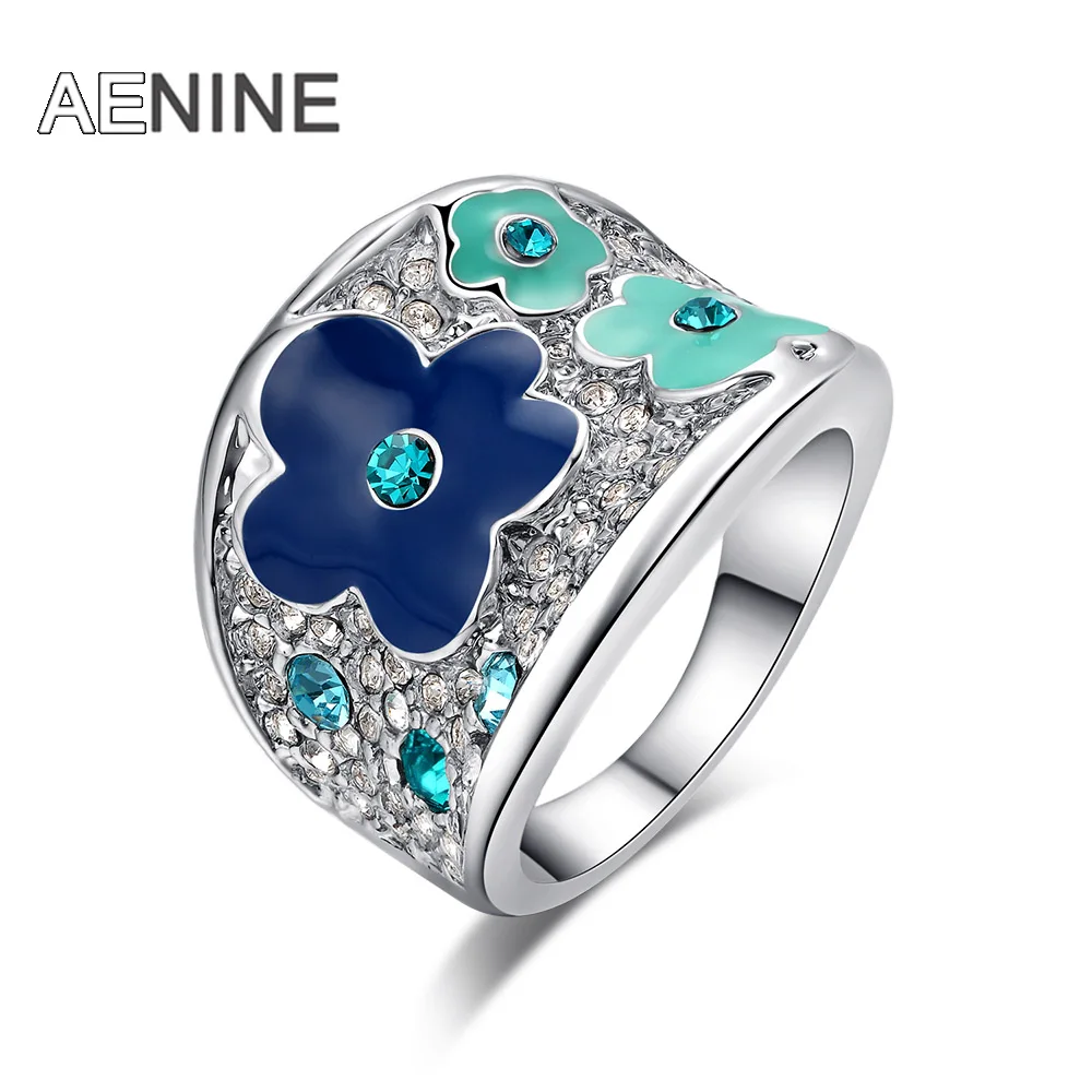 

AENINE Original Design Trendy Blue Plum Blossom Rings Pave Setting Classic Genuine Austrian Crystal Finger Rings L2010285490