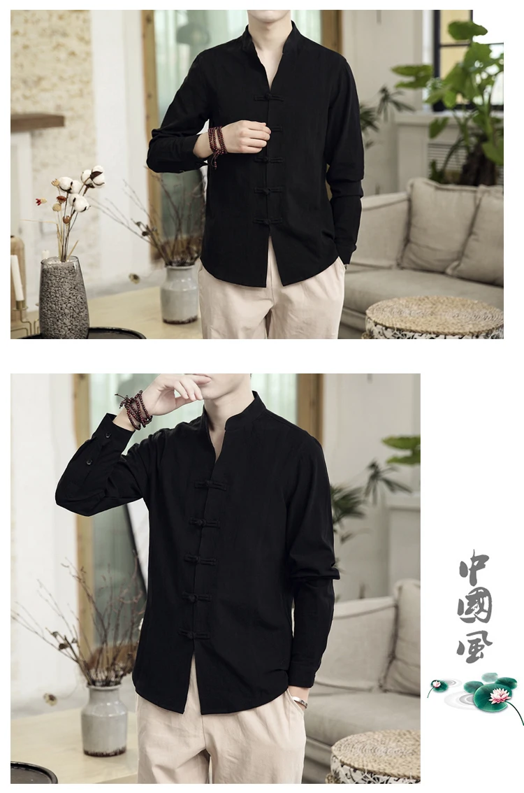 Sinicism Store Men Clothes Man Cotton Linen Casual White Shirts Long Sleeve Shirts Male Chinese Style Solid Shirts