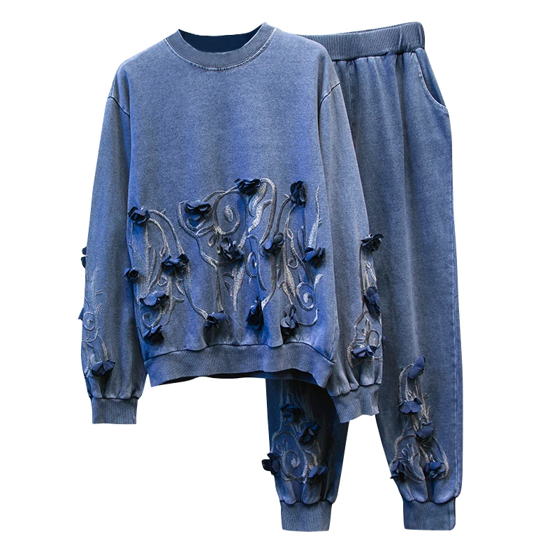 

HIGH STREET New Stylish 2019 Runway Suit Set Women's Embroidery Appliques Sweatshirt Pants Set