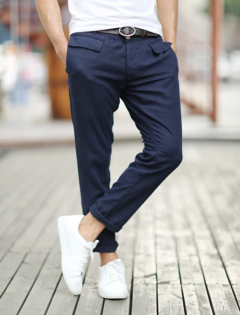 2017 Men Casual Linen Solid Color Ankle length Pants Men Slim Fit High ...