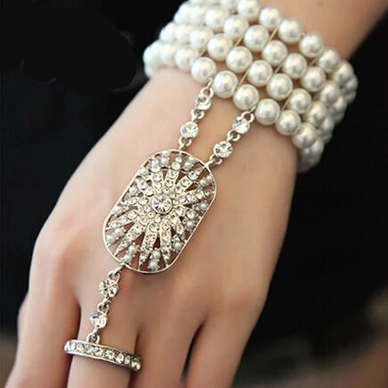 

1920s Daisy Great Flapper Pearls Bracelet Slave FingerRing Set Fashion Weddings Party Engagement Women Jewelry 18mm