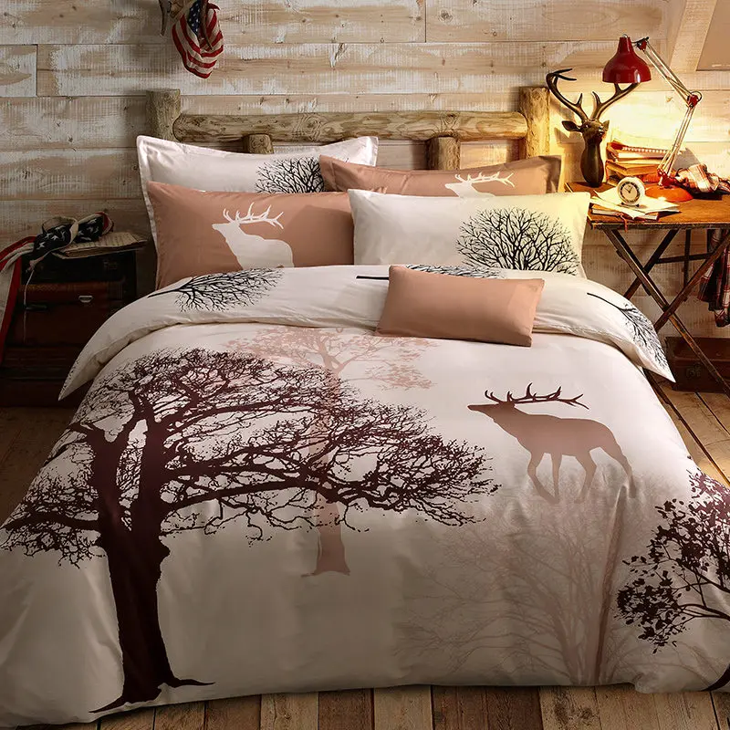 

fresh style trees deer bedlinens high quality sanding cotton fabric Queensize duvet cover set bedding set
