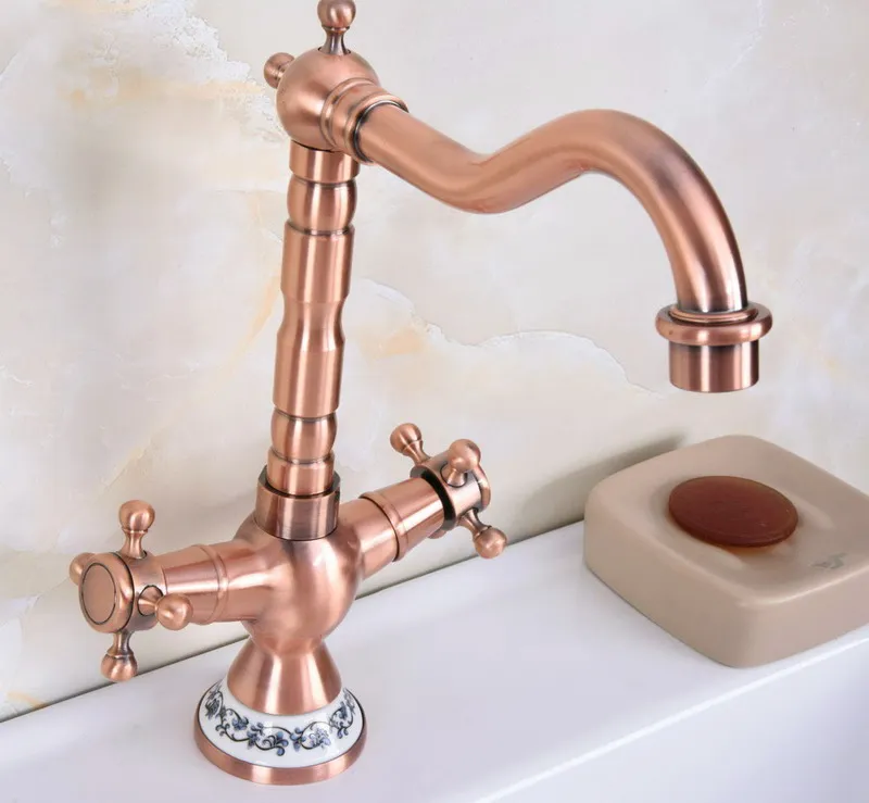 Antique Red Copper Brass Dual Cross Handles Bathroom Kitchen Basin Sink Faucet Mixer Tap Swivel Spout Deck Mounted mnf613