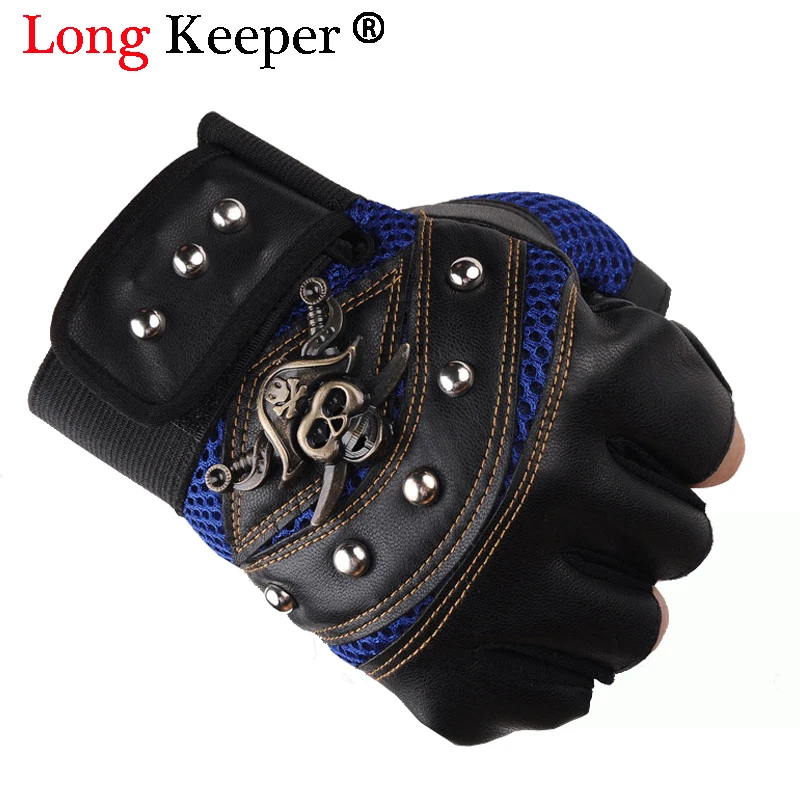 

Long Keeper Skulls Rivet PU Leather Fingerless Gloves Men Women 2018 Fashion Hip Hop Women's Gym Gloves Half Finger Men's Gloves