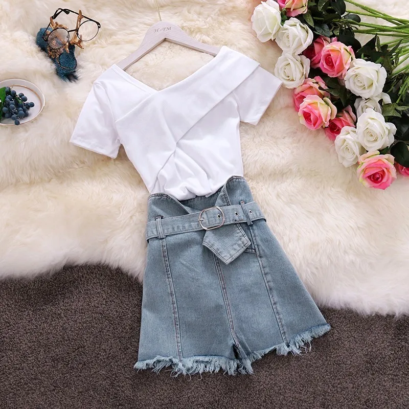 

2019 leisure v-neck T-shirt high waist jeans flash straight pants suit