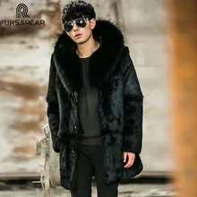 FURSARCAR Полный Пелт Мода природных На зимнем меху Теплая куртка черного кролика рекс Меховая куртка с лисой меховой воротник для Для мужчин