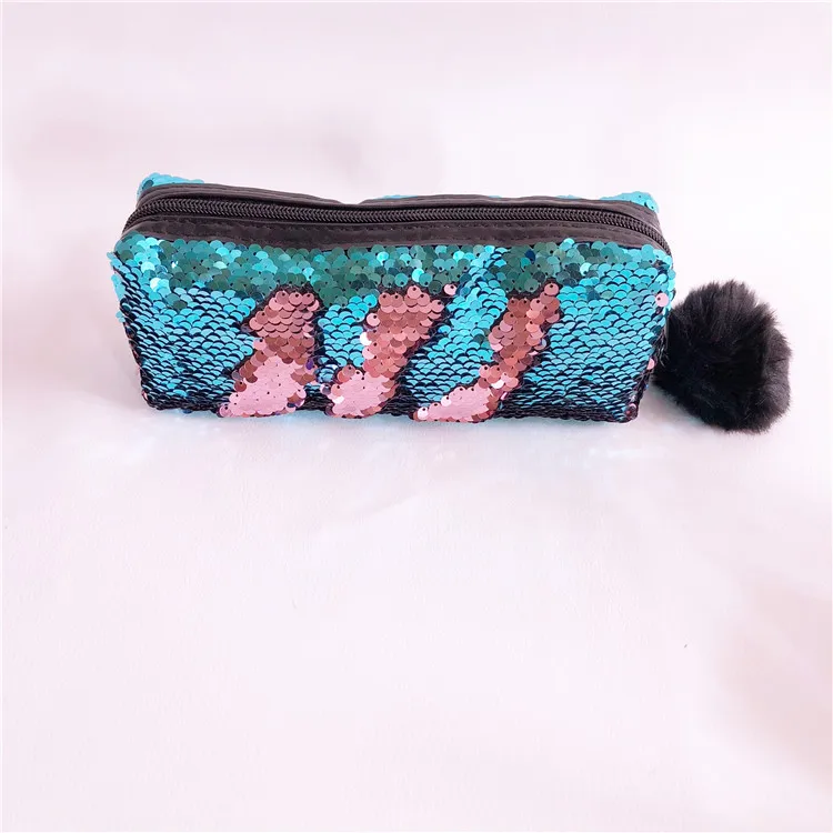 School Pencil Case Reversible Sequin Hairball PencilCase For Girls Bts Stationery Gift Cute Pencil Box Kawaii Student Supplies - Цвет: Blue powder