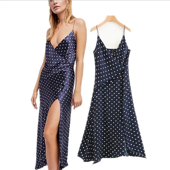 blue satin polka dot dress