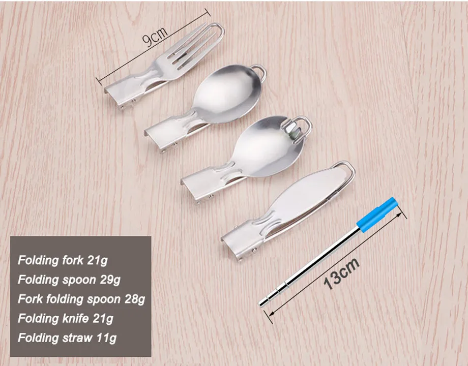 304 Stainless Steel Folding Cutlery Set Folding Knife and Fork Spoon Salad Spoon Straw Outdoor Portable Folding Tableware