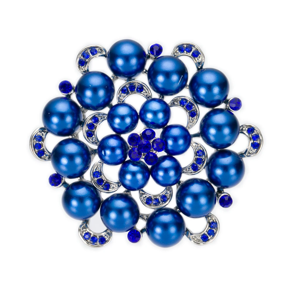 

2 Inch Large Floral Wedding Bouquet Brooch with Crystals and Royal Blue Pearls
