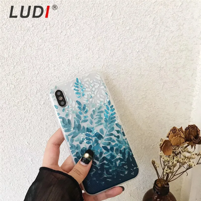 

LUDI 3D Relief Soft Art Phone Case for iPhone 7Plus Blue Leaf Feather Matte TPU Cover for iPhone 7 6 6S 8 Plus X Case Coque Capa