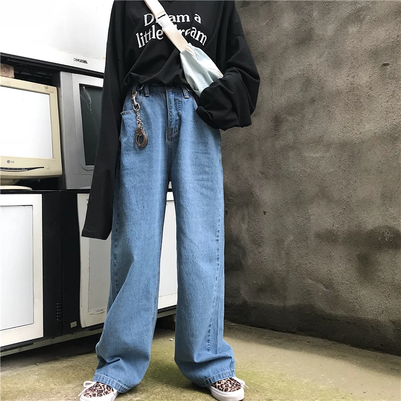 Уличная Корейская женская Свободная одежда, размер d размера плюс, регулируемая пуговица, высокая талия, прямые широкие брюки, джинсы, брюки