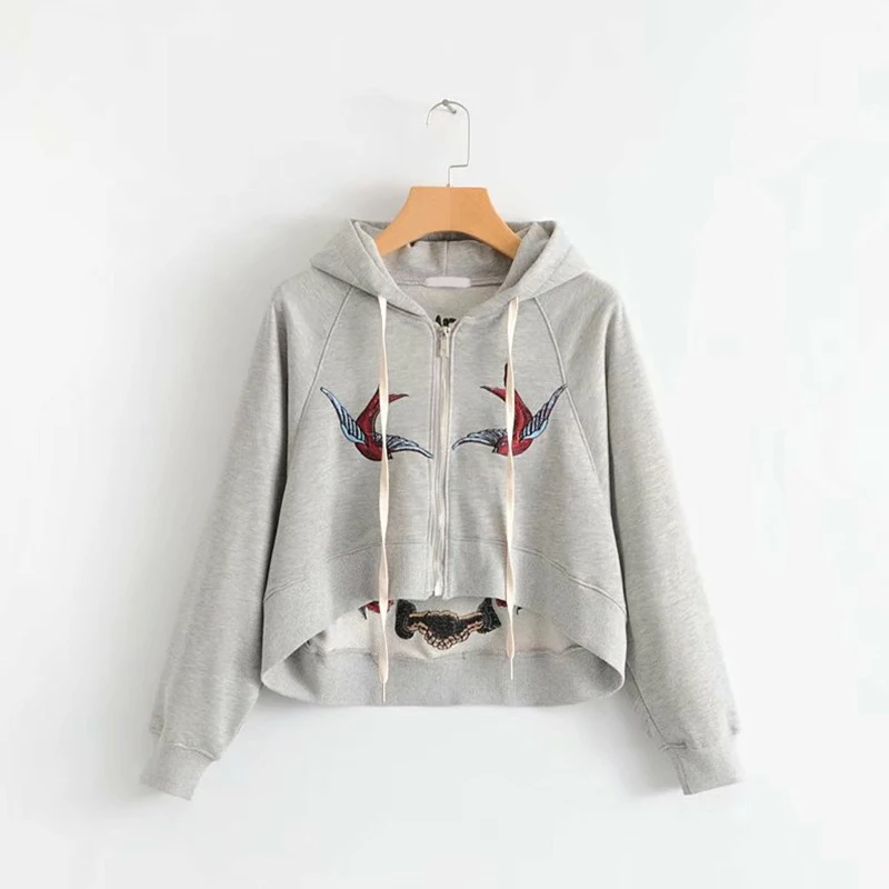 Cool Japanese Style Bird Embroidery Hooded Short Sweatshirt Long Sleeve