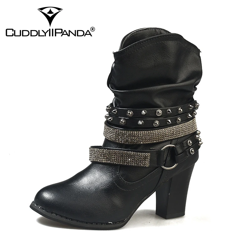 

CuddlyIIPanda Women Fashion Ankle Boot Autumn Winter Chaussure Femme High Heels Rivets Martin Boots Women Rivets Buckle Pumps
