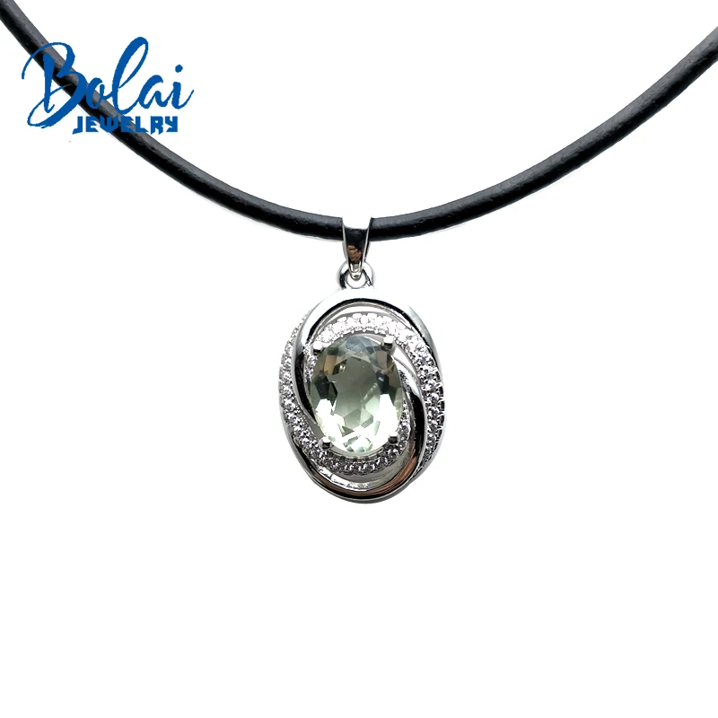 

Bolaijewelry,natural green amethyst oval 8*10mm pendant&necklace with leather chord necklace 925 silver for party women gift