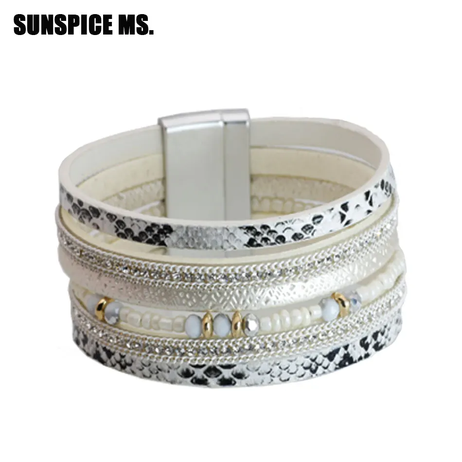 

Fashion Leather Multilevel Magnet Buckle Charm Bracelet For Women Bohemia Popular Bangle Bracelets Silver Color Wedding Jewelry