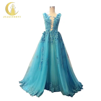 

Rhine Real Sample Image Blue Crew Neck Lace Appliques Beads Hand Work OpenBack Floor Length Evening dresses