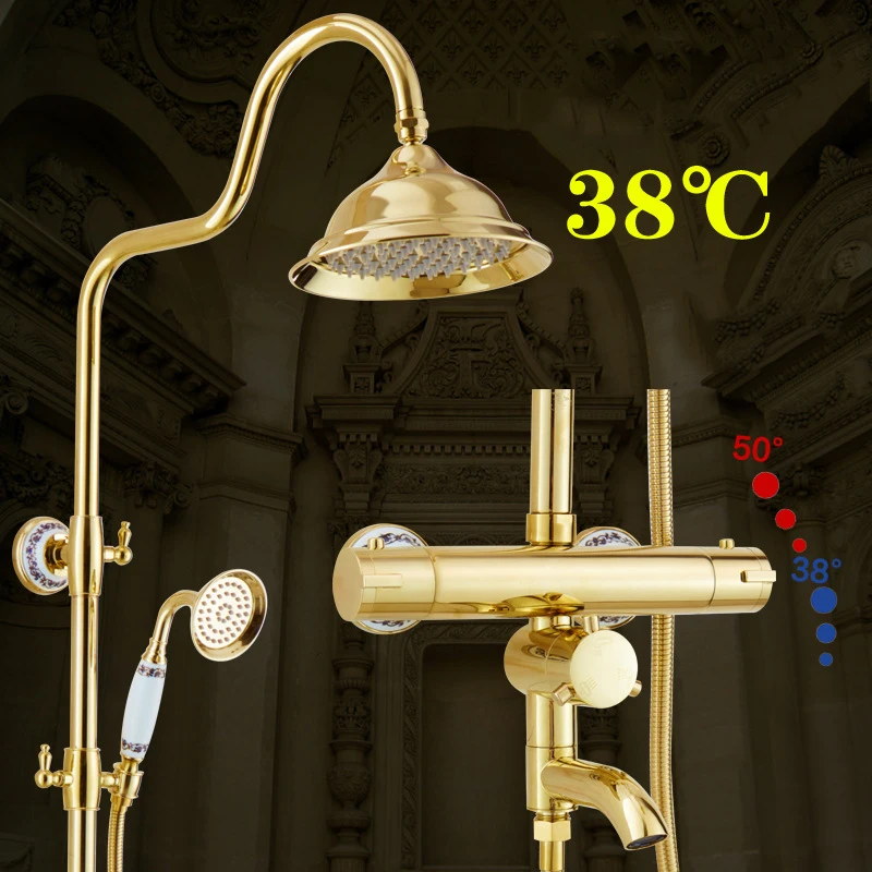 Полированный Золотой смеситель для душа с термостатом набор в стену Смесители для ванных комнат с ручной душевой ванной носик " насадка для дождя