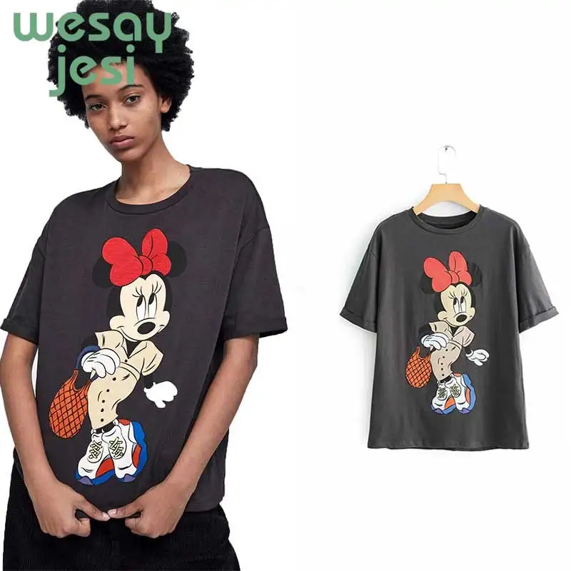 

2019 t shirt england style short print cartoon mouse o-neck regular none women tshirt tops plus size