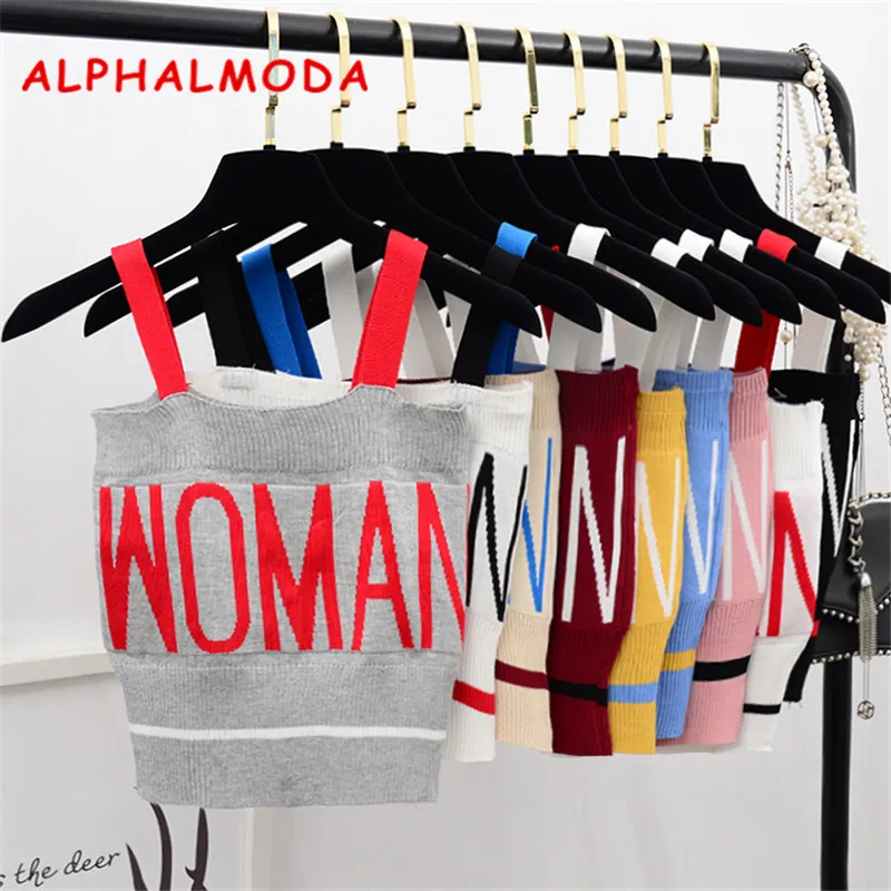 Женский трикотажный топ ALPHALMODA укороченный на бретельках с буквенным принтом