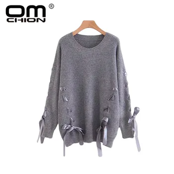 

OMCHION Sueter Mujer 2018 O Neck Long Sleeve Women Sweaters And Pullovers Sweet Casual Bow Lace Up Korean Jumper Knitwear LMM70