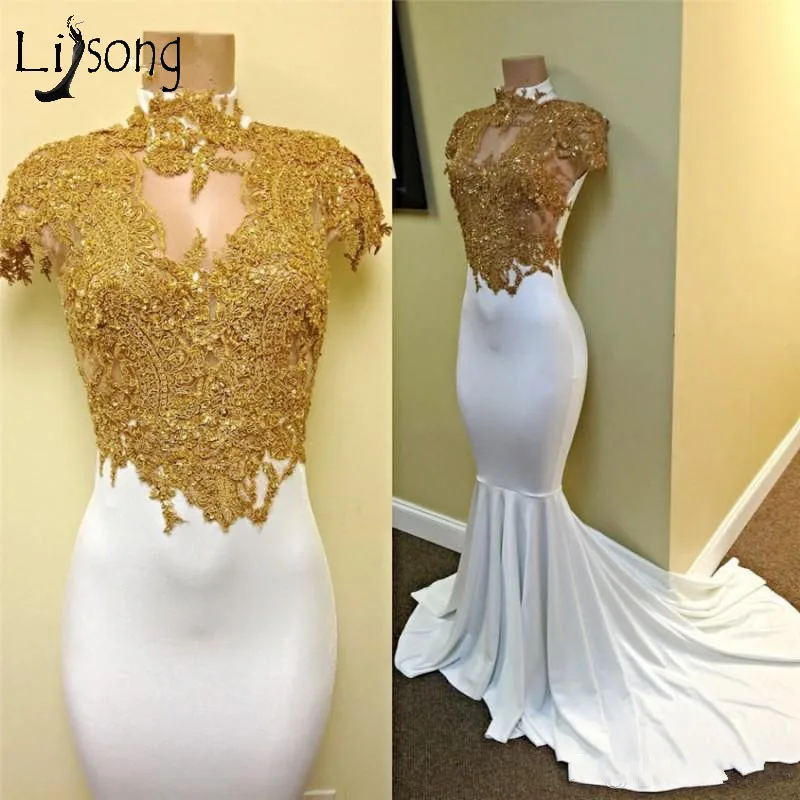 

Sexy WhiteMermaid Prom Dresses Gold Appliques Lace Long Prom Gowns Elastic Plus Size Robe De Soiree Longue Formal Party Dress