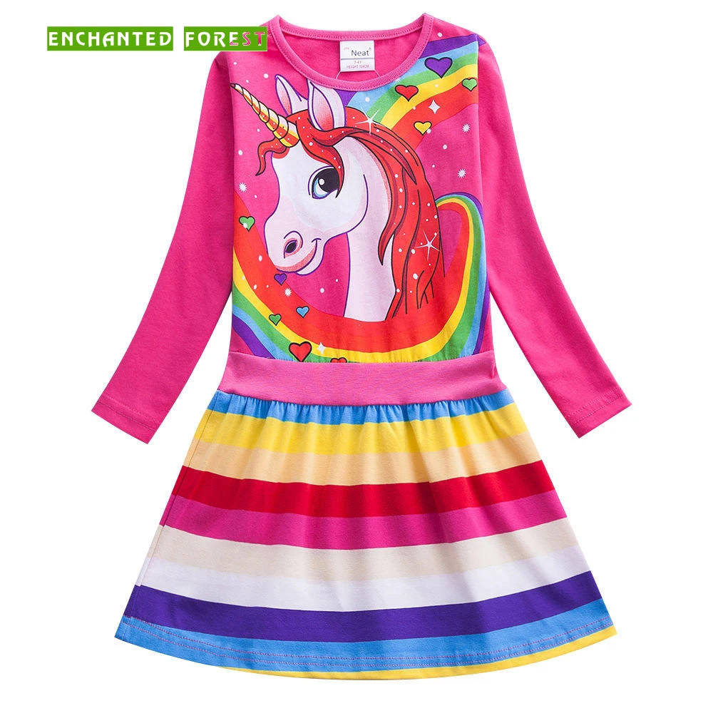 

Girls dresse's 2019 new spring unicorn print rainbow stripes girl long-sleeved dress children clothes girls princess dress