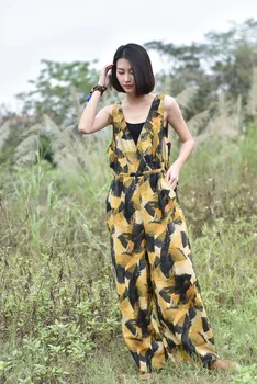 

2019 Summer New Style Art Retro Printed High Waist Loose Jumpsuits Plus Size Linen Ankle-length Bib Wide Leg Pants XL-01