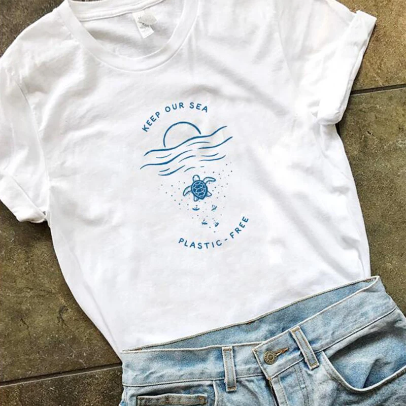 Женская футболка с надписью «Keep Our Sea plastic Free», футболка с надписью «Skip strawws Save Turtles», хлопковые топы для девочек с защитой от океана, Прямая поставка