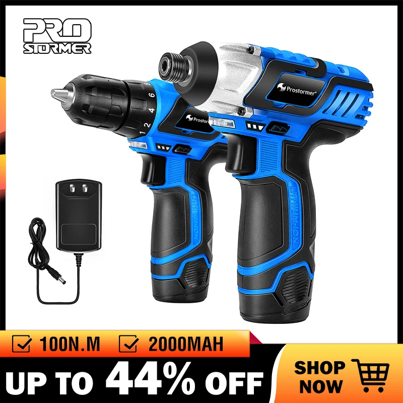 PROSTORMER 12V Electric Cordless Screwdriver Drill 100NM Torque