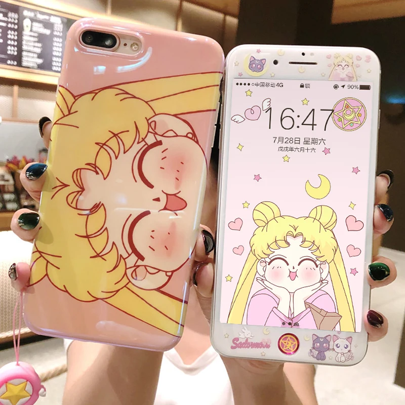 Sailor Moon cover For iPhone 8/7 plus case & tempered glass film for iPhone 6 6s phone case cute girl screen protector +strap