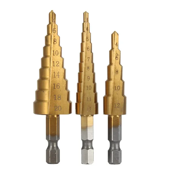 

3pc/lot Hss Step Cone Taper Drill Bit Set Hole Cutter Metric 3-12mm 4-12mm 4-20mm Titanium Coated Metal Hex stepped Drill Bits