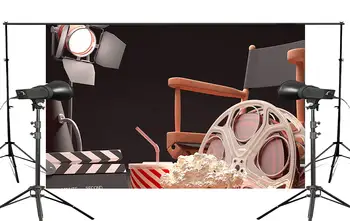 

Black Background Projector Chair Popcorn Cola Retro Cinema Scene Studio Photography Background 150x220cm