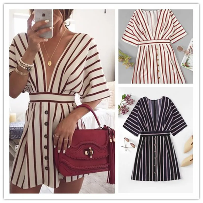 

2019 Summer The New Fashion Pleated Elegant Female Short Sleeve Deep V-neck Sexy Women's Striped Print Button Dress S-XL