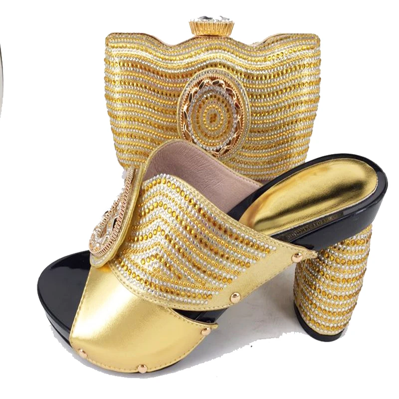 

Gold 2018 slippers with stones shoes and bag matching set size37 to 43 high quality slippers and clutches bag set SB8157-6