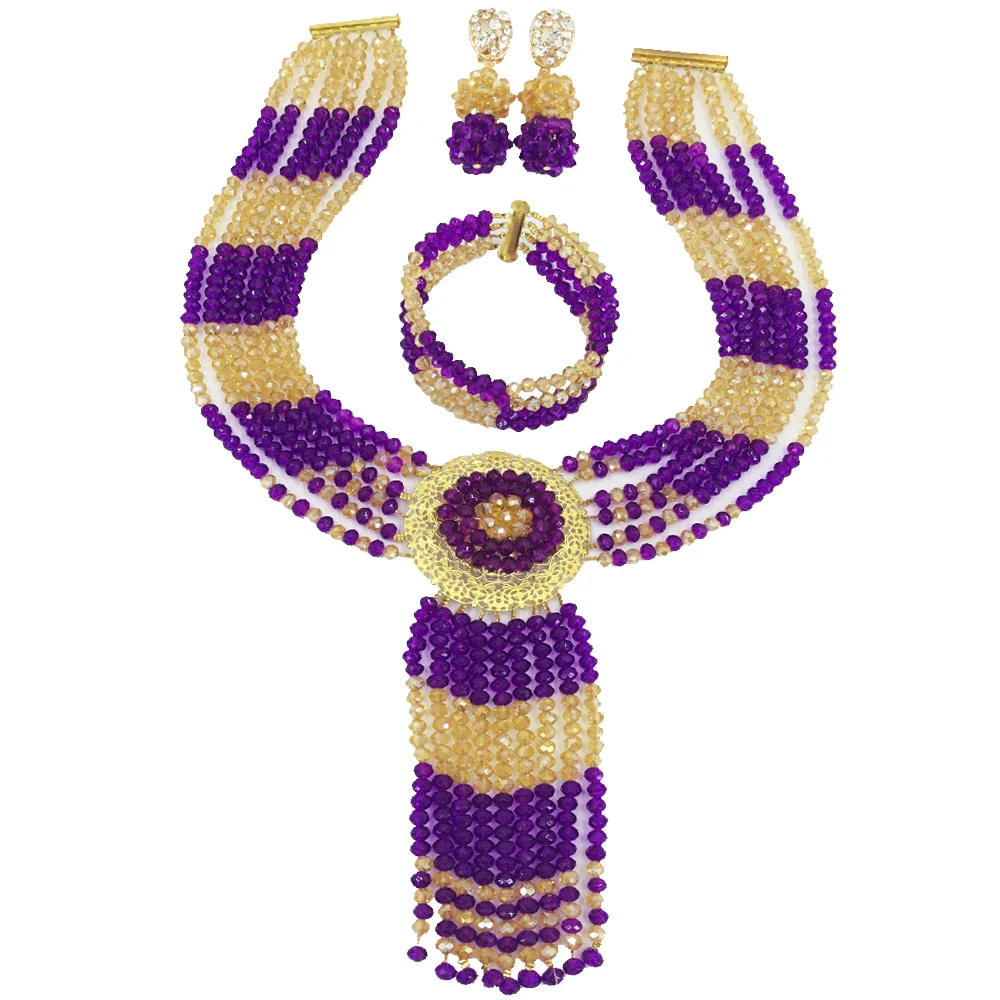 

Pretty Purple Gold AB Multistrands Costume Necklace Nigerian Wedding African Beads Jewelry Set Crystal for Women 6CXLS15