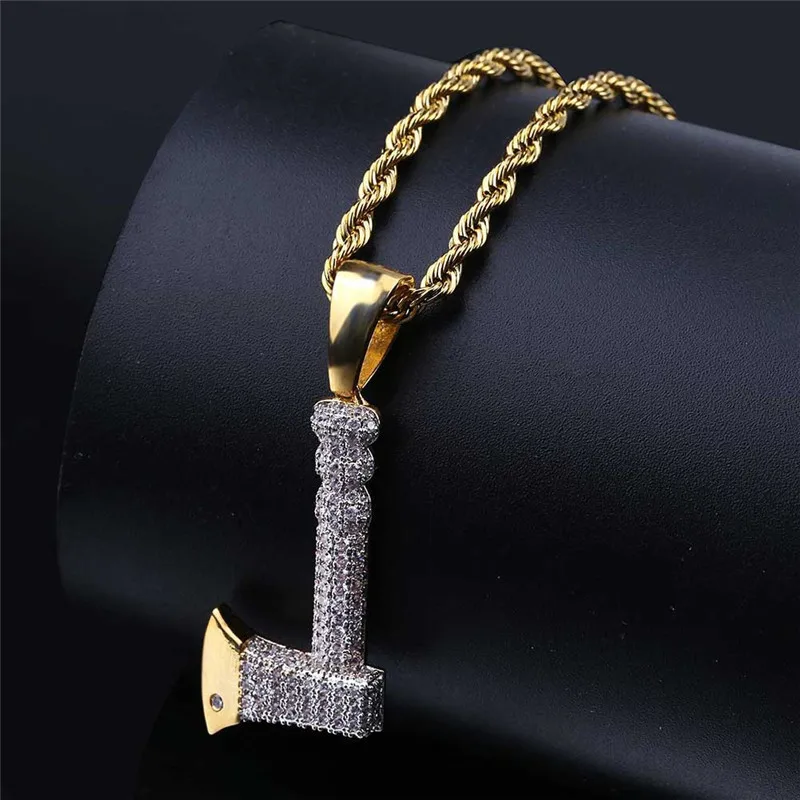 

Hip Hop Necklace Cubic Zircon Axe Iced Out Cool Mens Pendant Necklace New Arrival Gold Chain For Men