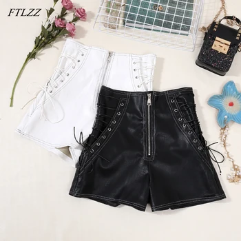 

FTLZZ 2020 Side Lace Up Pu Leather Shorts Women Autumn High Waist Front Zipper Wide Leg Shorts Leather Short Pants For Ladies