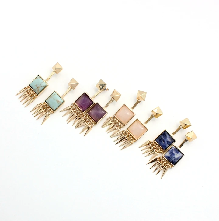 

2016 New multicolor Square green stone earrings rivet buckle ear jackets earrings for women