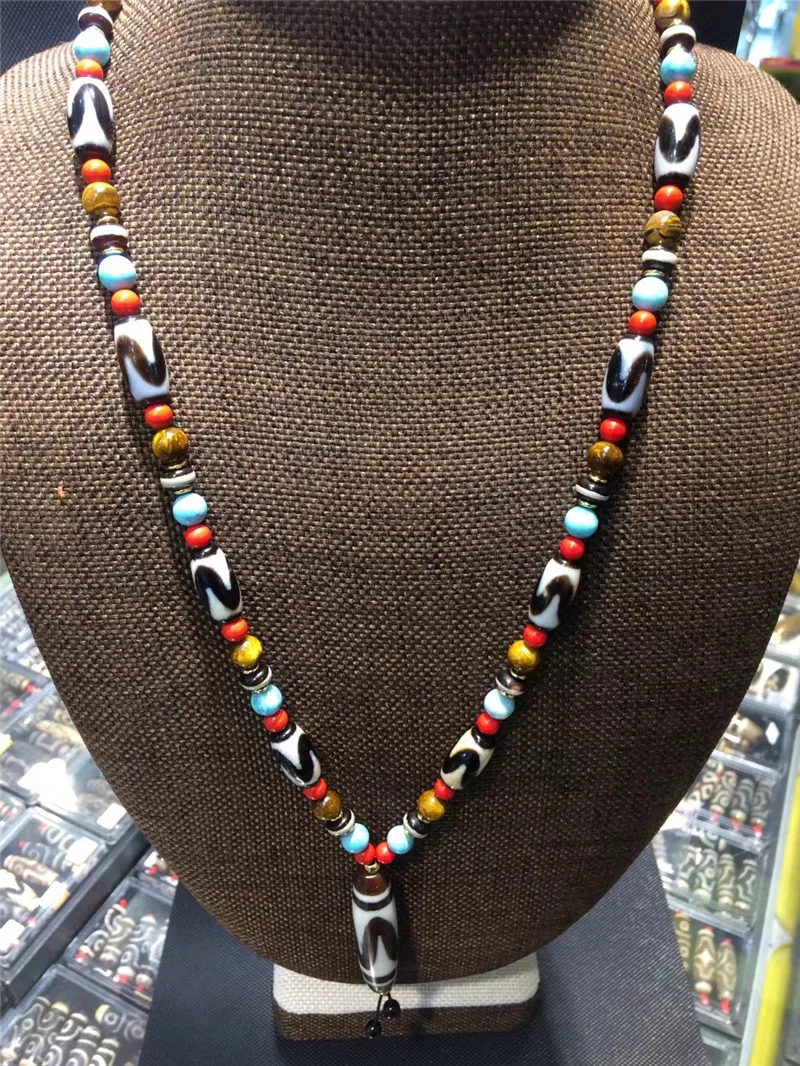 

190419-2 Dzi Beads Necklace Natural Agate Tiger tooth Dzi Ji Beads Powerful Amulet Collectible dzi Beads Free Shipping