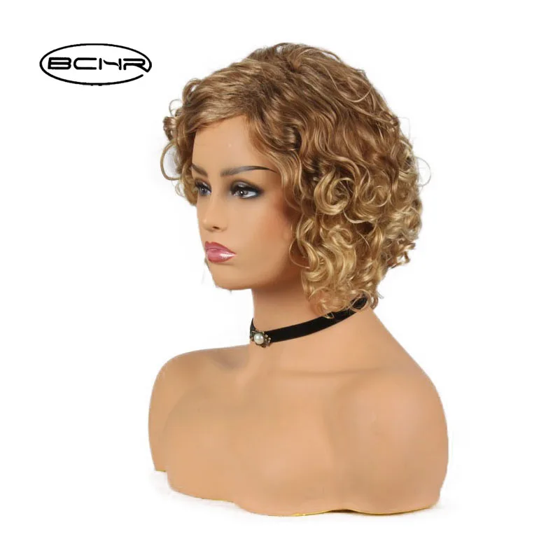BCHR Fashion Afro Kinky Short Curly Golden Wigs for Women African American Synthetic Partial Bangs Ombre Hair | Шиньоны и парики