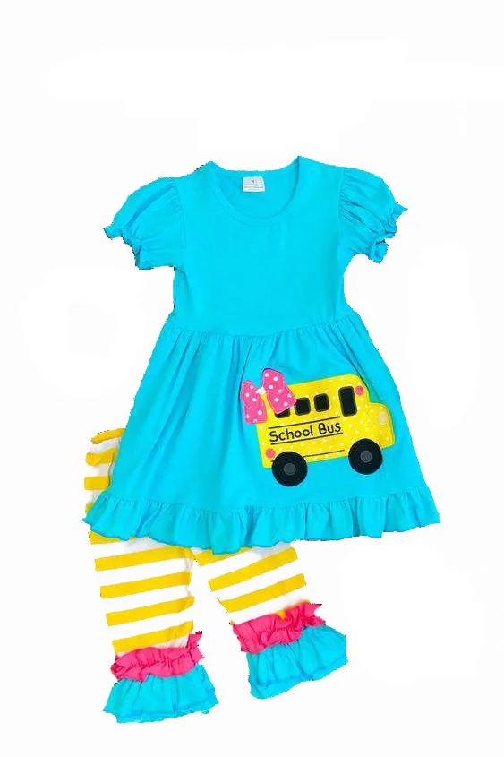 

Boutique children clothing set gril back to school wear cute school bus embroidery baby blue summer outfits