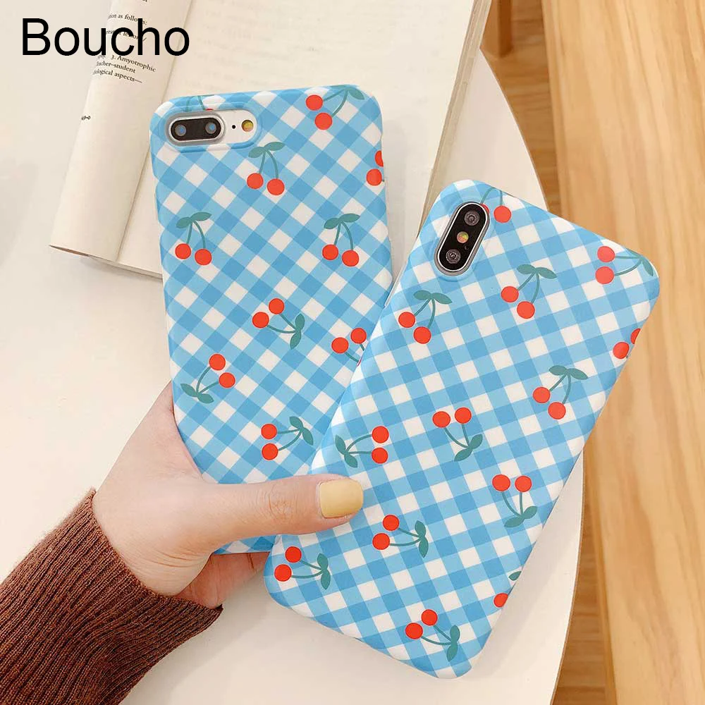 Чехол для телефона Boucho с милым рисунком вишни iphone XS MAX XR X синий белый в клетку